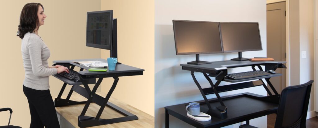 Standing desk converters with and without monitor mounts.